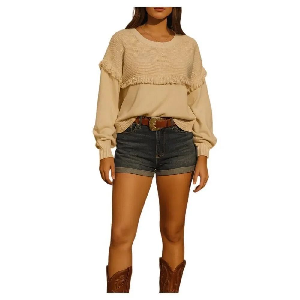 Grace+Karma size L loose fit fringe tan sweater